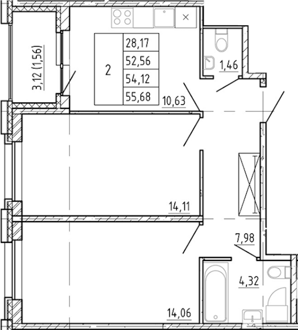 2-комнатная квартира 52.56 м², 8/12 эт., ЖК «Полис Новоселье»